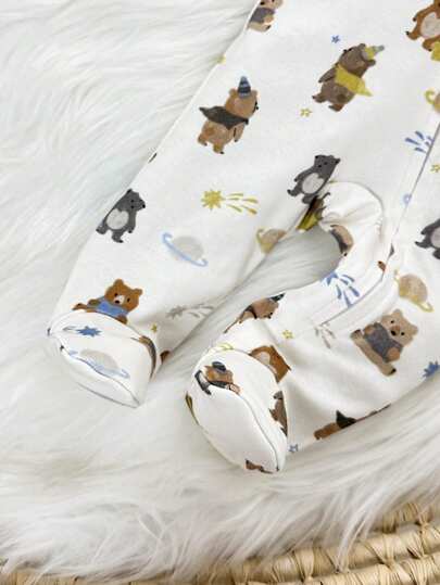 Cozy Pixies جمبسوت محبوكة للرضع حديثي الولادة ذات الرقبة الدائرية الناعمة بأكمام طويلة وطباعة دب كرتوني لطيف على الصدر، مع بنطلون، مناسبة لجميع الفصول كطبقة أساسية للارتداء في الأماكن المغلقة والمفتوحة