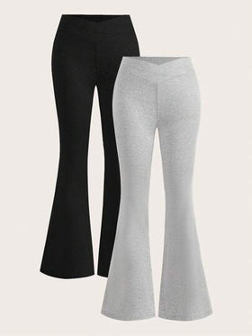 SHEIN EZwear ملابس نسائية , مجموعة سروال أسود ورمادي ذو تصميم مناسب للقوام، متطاير مناسب للكاجوال