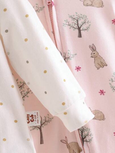 Cozy Pixies طقم رومبير طويل الأكمام برقبة دائرية ناعم للرضيع البنت الجديد مع طباعة الشجرة والأرنب والفطر