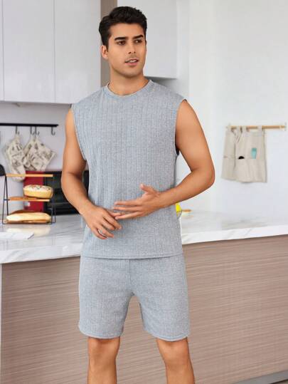 SHEIN طقم لباس منزلي رجالي يحتوي على بدلة صوفية قصيرة وسترة بلون سادة