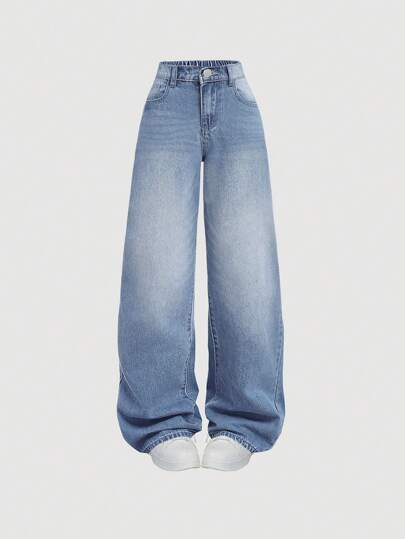 SHEIN Girlism بنطال جينز بفتحات واسع للساق وأرجل واسعة مع جيوب، ملابس صيفية غير رسمية لفتيات المراهقات بقصة فضفاضة، أطقم جينز داخل أوقات الاستراحة الصيفية