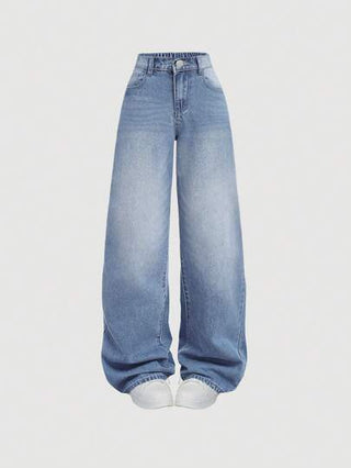 SHEIN Girlism بنطال جينز بفتحات واسع للساق وأرجل واسعة مع جيوب، ملابس صيفية غير رسمية لفتيات المراهقات بقصة فضفاضة، أطقم جينز داخل أوقات الاستراحة الصيفية