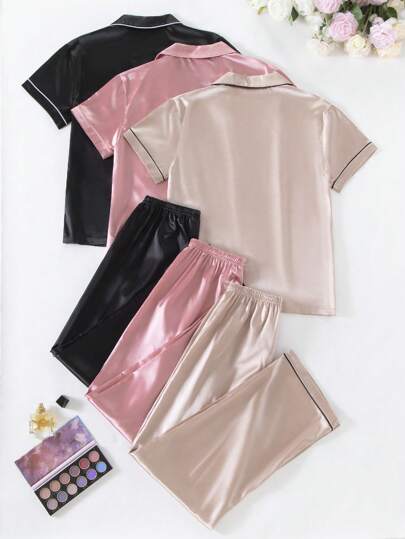 Shein Underwear&Sleepwear Basics طقم بيجامة للنساء مكون من 3 قطع مع بنطال طويل وأكمام قصيرة بتشطيب متباين (المقاسات القياسية)