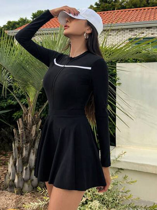 DAZY مجموعة ملابس سباحة نسائية آمنة للغوص والتزلج والعطلات الصيفية، قطعة واحدة بأكمام طويلة وقطعة مضافة للتنورة، مناسب لشاطئ الصيف