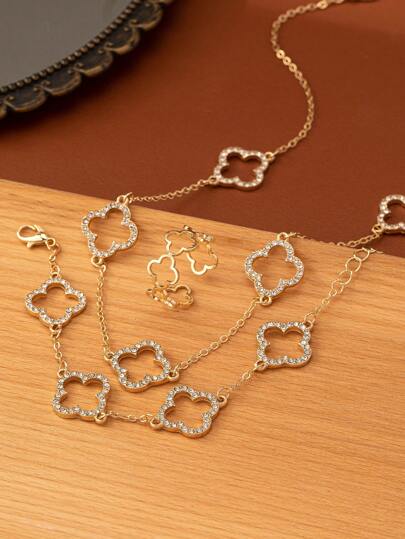 طقم مكون من 1 قلادة زهرة، 1 سوار زهرة، و1 خاتم زهرة، طقم قلادة زهرة بتصميم البرسيم العصري للارتداء اليومي، عيد الحب