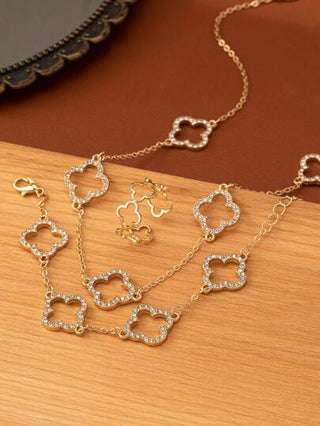 طقم مكون من 1 قلادة زهرة، 1 سوار زهرة، و1 خاتم زهرة، طقم قلادة زهرة بتصميم البرسيم العصري للارتداء اليومي، عيد الحب