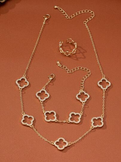 طقم مكون من 1 قلادة زهرة، 1 سوار زهرة، و1 خاتم زهرة، طقم قلادة زهرة بتصميم البرسيم العصري للارتداء اليومي، عيد الحب