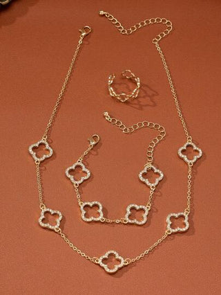 طقم مكون من 1 قلادة زهرة، 1 سوار زهرة، و1 خاتم زهرة، طقم قلادة زهرة بتصميم البرسيم العصري للارتداء اليومي، عيد الحب