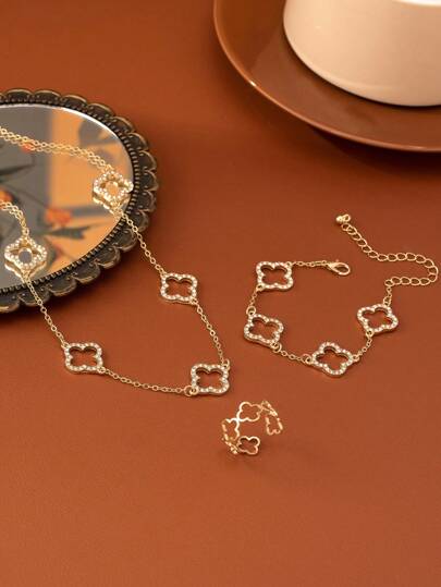 طقم مكون من 1 قلادة زهرة، 1 سوار زهرة، و1 خاتم زهرة، طقم قلادة زهرة بتصميم البرسيم العصري للارتداء اليومي، عيد الحب