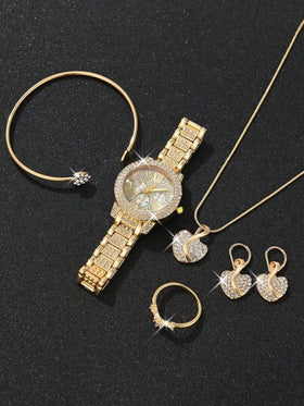 6 قطعة/مجموعة ساعة كوارتز نسائية، تصميم فاخر لساعات السيدات مع سوار من الفولاذ السبائكي، زخرفة من الراين ستون، قرص بثلاثة عيون وأرقام رومانية، مجموعة مجوهرات سبائكية، ماس بشكل قلب مدبب، مناسبة للمناسبات الرسمية، عيد الحب