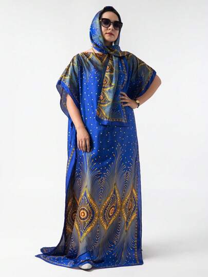 طقم تانكيني حريمي كيمونو طويل نسائي بنمط الريشة الزرقاء الجذابة مرفق معه وشاح صغير، شال متعدد الاستخدامات، بالإضافة إلى الرداء الطويل الفضفاض. 2 قطعة.