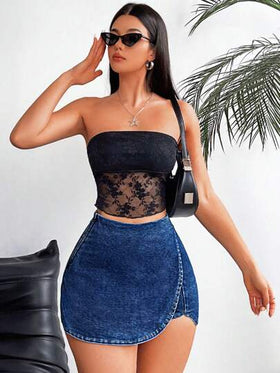 SHEIN EZwear تنورة شورت قصيرة للسيدات ، عارية بالغسل لامعة ، صيفية