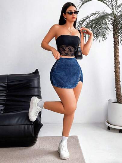SHEIN EZwear تنورة شورت قصيرة للسيدات ، عارية بالغسل لامعة ، صيفية
