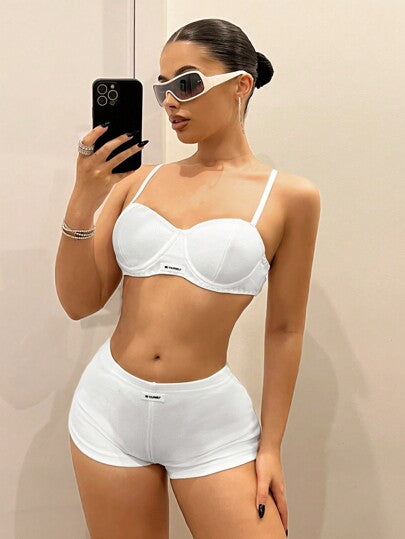 ICON مجموعة سراويل قصيرة وصدرية نسائية بألوان صلبة بسيطة للارتداء اليومي