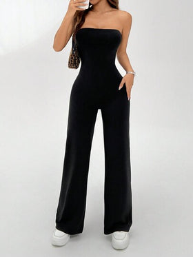 SHEIN EZwear بدلة قصيرة واسعة الأطراف بدون حمالة يومية بلون سادة للنساء