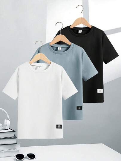 SHEIN سترة صغيرة للأولاد مناسبة للجميع بلون واحد وقماش جيرسيه نسيج ناعم برقبة دائرية للياقة ،أكمام قصيرة ,قطعتين، تصميم شتاء/ربيع ،ملابس علوية أساسية