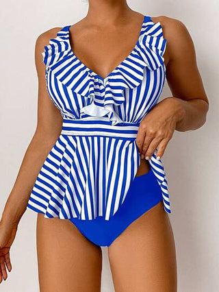 طقم تانكيني حريمي Swim ملابس علوية تانكيني مرصع بكشكشة ذو خطوط و جزء سفلي بلون واحد للشاطئ الصيفي