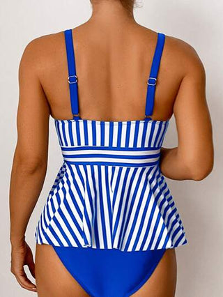 طقم تانكيني حريمي Swim ملابس علوية تانكيني مرصع بكشكشة ذو خطوط و جزء سفلي بلون واحد للشاطئ الصيفي