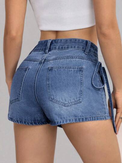 EZwear تنورة جينز قصيرة بخصر عالٍ وعقدة جانبية للصيف