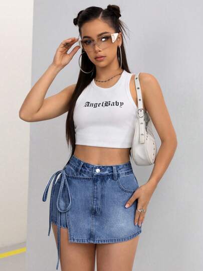 EZwear تنورة جينز قصيرة بخصر عالٍ وعقدة جانبية للصيف