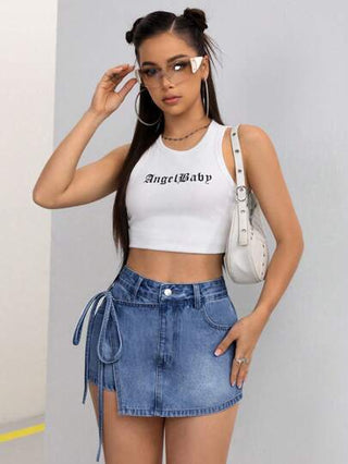 EZwear تنورة جينز قصيرة بخصر عالٍ وعقدة جانبية للصيف