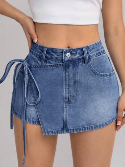 EZwear تنورة جينز قصيرة بخصر عالٍ وعقدة جانبية للصيف