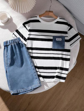 SHEIN Mirajuku تي شيرت تي-شيرت مخطط وشورت جينز للمراهقين والأطفال ، صيفي