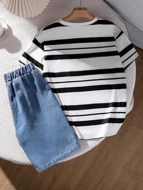 SHEIN Mirajuku تي شيرت تي-شيرت مخطط وشورت جينز للمراهقين والأطفال ، صيفي