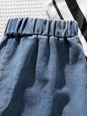 SHEIN Mirajuku تي شيرت تي-شيرت مخطط وشورت جينز للمراهقين والأطفال ، صيفي