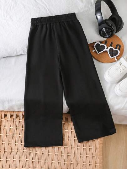 SHEIN Elladie kids بنطلون فتيات واسع الساق الصلب للإرتداء اليومي