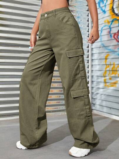 SHEIN EZwear جينز نسائي صيفي بسحاب وجيب شحن على الركبة