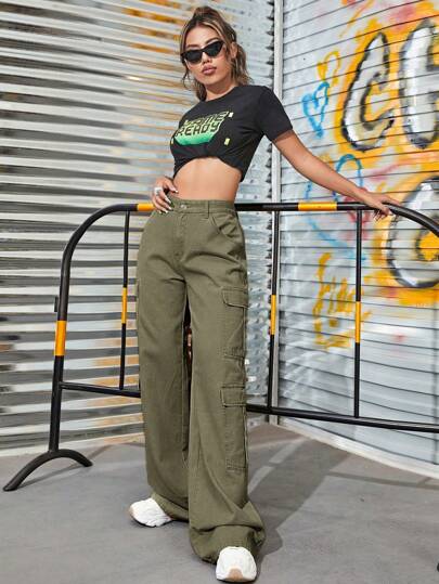 SHEIN EZwear جينز نسائي صيفي بسحاب وجيب شحن على الركبة
