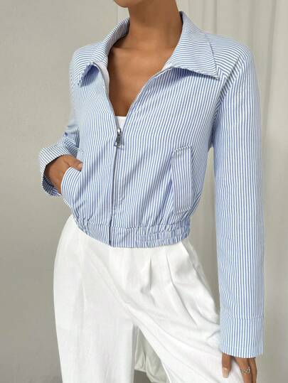 EZwear جاكيت عارض متعدد الخطوط بسحاب للارتداء اليومي