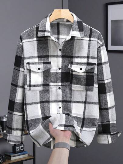 Manfinity Homme قميص رجالي كاجوال مربع الجيب للربيع والخريف، مربع الألوان، هدية للأصدقاء والزوج والحبيب، للموسم الانتقالي