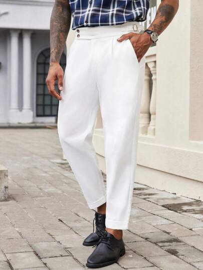 Manfinity Bizformal بنطلون رجالي ذو لون واحد قصير مستقيم ضيق بجيوب، بنطلون كاجوال مستقيم فضفاض لأوقات العطلات، هدايا للأزواج والأصدقاء الذكور