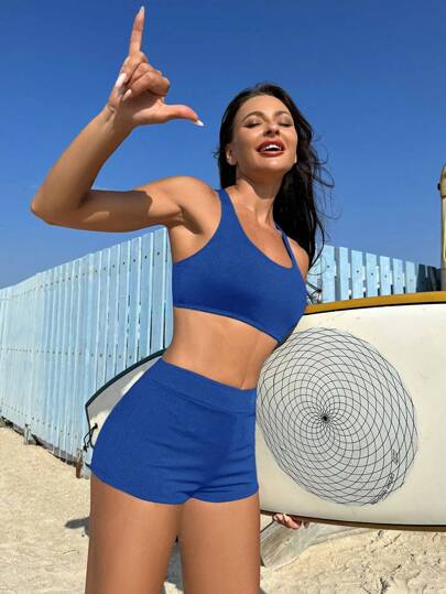 طقم تانكيني حريمي Swim SPRTY عبوة ملابس سباحة مفرغة للنساء مكونة من ملابس علوية بدون أكمام وسروال قصير للبحر في الصيف،مجموعة ملابس سباحة نسائية مفصولة