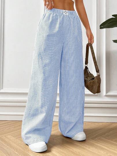 EZwear سروال نسائي موبوء بخطوط زرقاء منسوجة