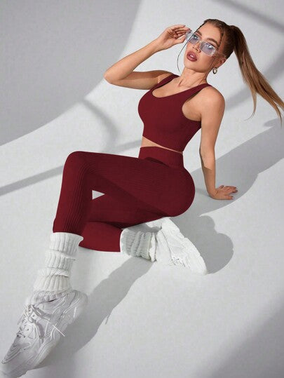 SHEIN Sport Studio طقم ملابس علوية بياقة مستديرة ذو لون واحد وبنطلون رياضي ضيق، ملابس نسائية للجيم لسنة رأس السنة الصينية الجديدة، طقم رياضي نسائي، طقم سروال رياضي نسائي