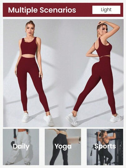 SHEIN Sport Studio طقم ملابس علوية بياقة مستديرة ذو لون واحد وبنطلون رياضي ضيق، ملابس نسائية للجيم لسنة رأس السنة الصينية الجديدة، طقم رياضي نسائي، طقم سروال رياضي نسائي