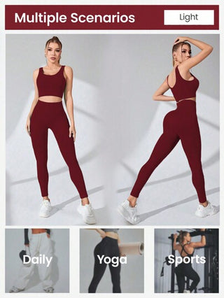 SHEIN Sport Studio طقم ملابس علوية بياقة مستديرة ذو لون واحد وبنطلون رياضي ضيق، ملابس نسائية للجيم لسنة رأس السنة الصينية الجديدة، طقم رياضي نسائي، طقم سروال رياضي نسائي