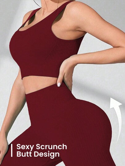 SHEIN Sport Studio طقم ملابس علوية بياقة مستديرة ذو لون واحد وبنطلون رياضي ضيق، ملابس نسائية للجيم لسنة رأس السنة الصينية الجديدة، طقم رياضي نسائي، طقم سروال رياضي نسائي