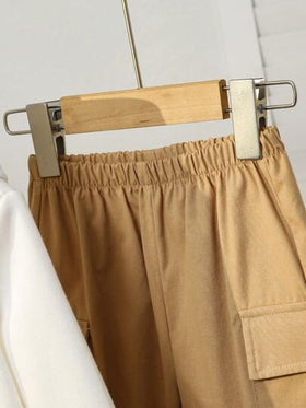 SHEIN 3قطع طقم ملابس طفل متناسقة: هودي، سترة، بنطلون، أسلوب بيج محايد وأبيض للخريف/الشتاء، أنيق وعصري