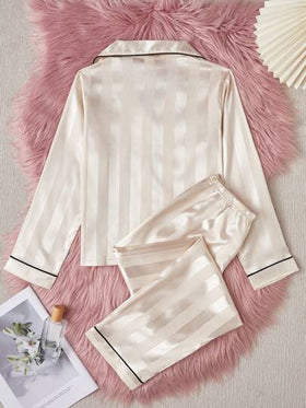 طقم البيجامة المكون من 2 قطعة : الكارديجان ذو الأكمام الطويلة والخطوط الشمبانزي البسيط وبنطلون للفتيات المراهقات