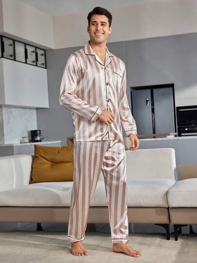 SHEIN بيجامة رجالية مكونة من ملابس علوية كم طويل مطبوعة بخطوط وبنطلون طويل، ملابس خريف وشتاء