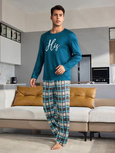 SHEIN طقم بيجامة رجالي كاجوال مكون من ملابس علوية وبنطلون مطبوع بنقشة المربعات، ملابس خريف وشتاء