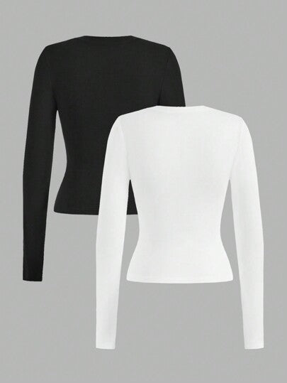 EZwear تيشرت نسائي ضيق طويل الأكمام 2 قطعة مناسب لفصلي الخريف والشتاء