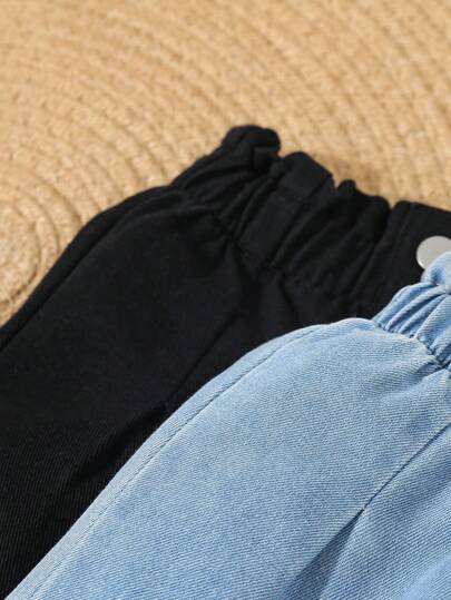 SHEIN طقم بنطلون جينز للبنات طفلة قصة خصر ورقي بأزرار أمامية قطعتان