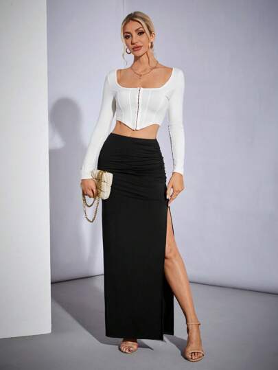 SHEIN Tall تنورة نسائية سوداء للحفلات بفتحة جانبية بالقرب من الفخذ ومجمعة بشكل رفيع