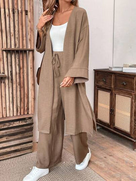 EMERY ROSE بدلة كاجوال 2 قطعة مكونة من معطف كتان فضفاض طويل وبنطلون واسع الساق، خريف