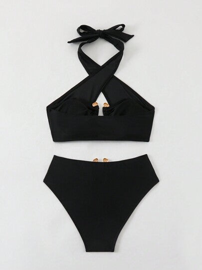 Swim SXY مجموعة بيكيني الحلزونية الصلبة المربوطة برباط الرقبة للصيف على شاطئ البحر